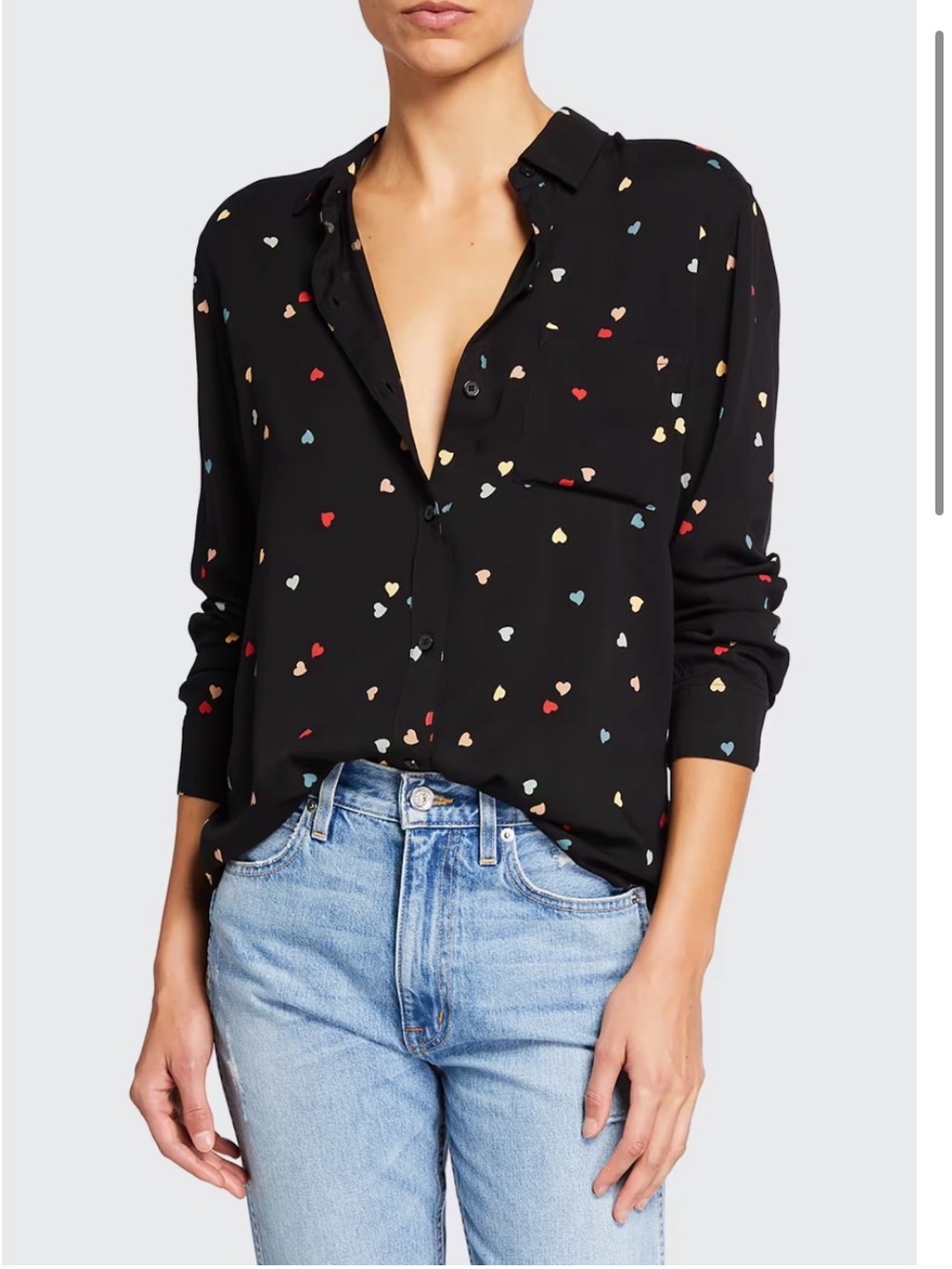 Rails Women's Medium Rocsi Heart-Print Long Sleeve Button Down Shirt Black Multi